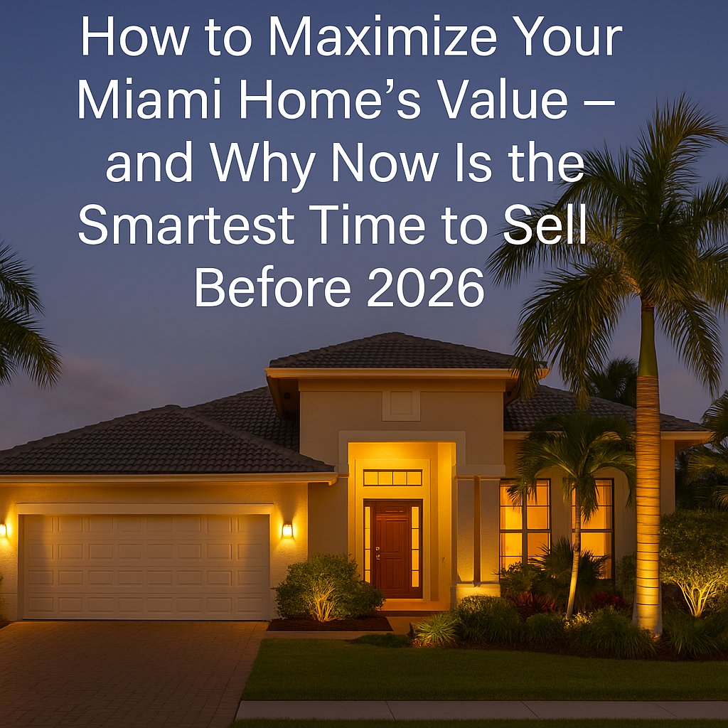 Luxury Miami home at twilight with palm trees and warm lighting — representing ReLink Real Estate’s tips to maximize home value and sell before 2026.