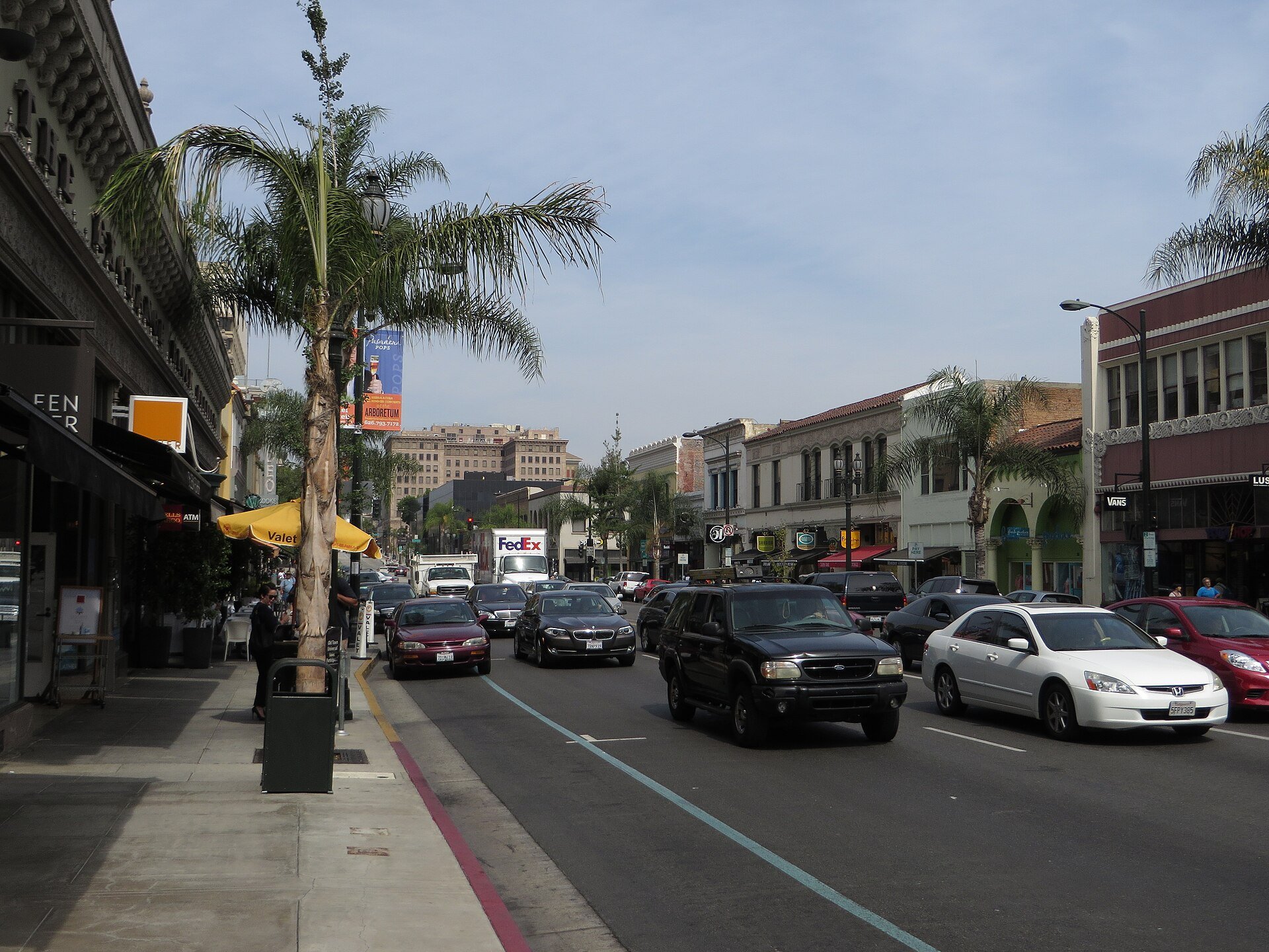 Shops, sidewalks and traffic along Colorado Boulevard in Old Pasadena, June 2014