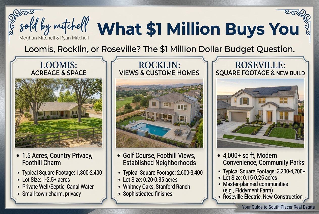 Infographic compares what a $1 million home budget buys in Loomis, Rocklin, and Roseville.