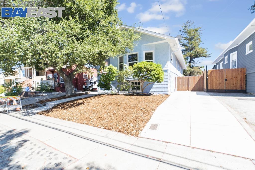 Light blue house with a mature shade tree and a wide driveway leading to a wooden gate.