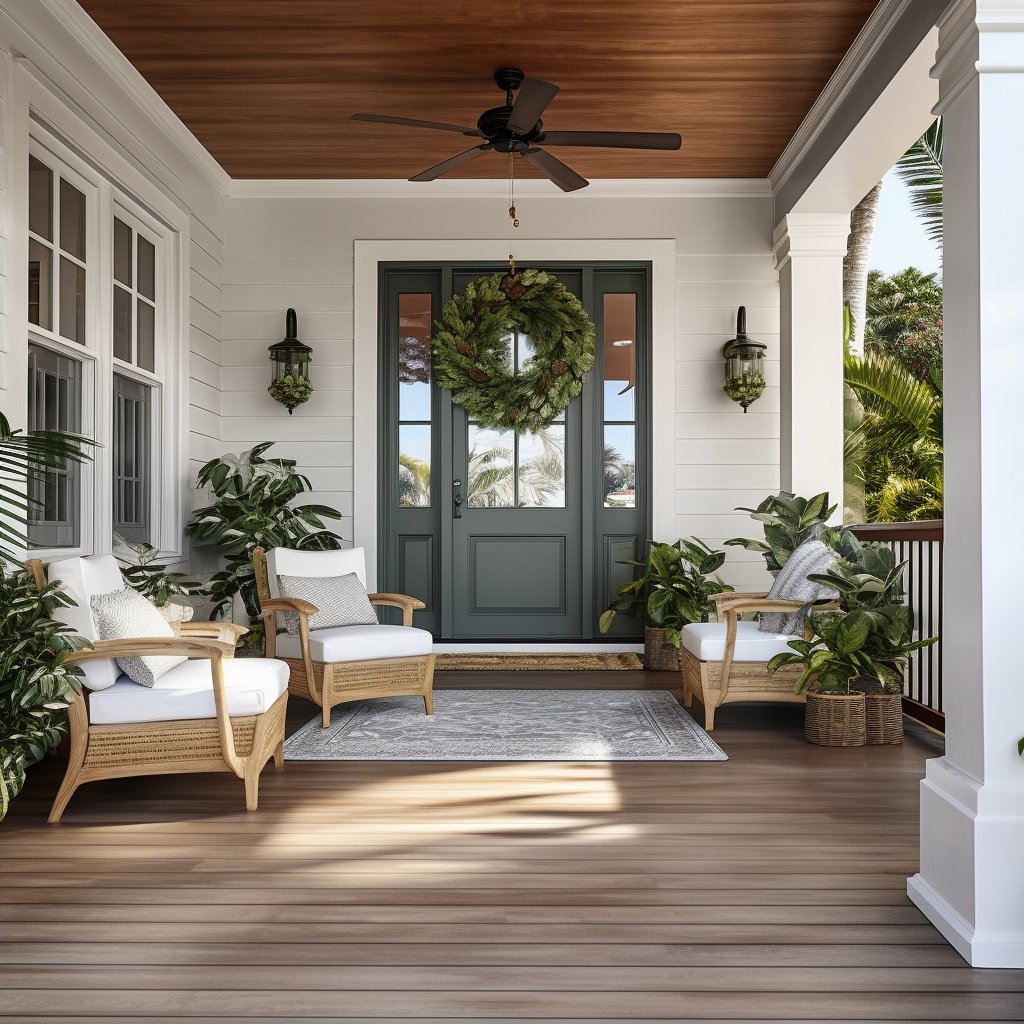Covered front porch with wicker chairs, potted plants, and a wreath on the dark green door.