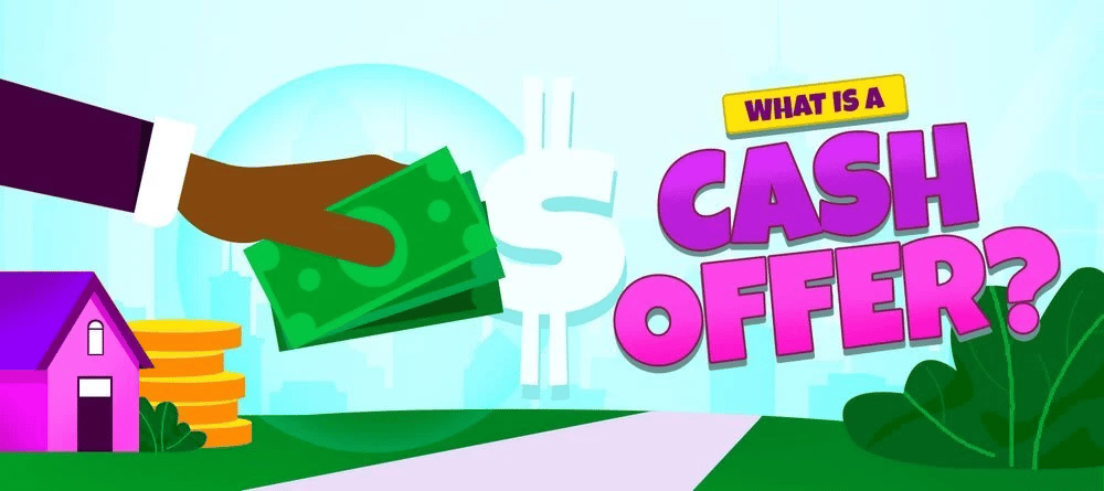 Illustration of a hand holding cash beside a dollar sign and house, asking “What is a cash offer?”