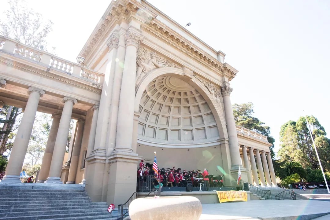The Golden Gate Park Band performing live in the Spreckels Temple of Music bandshell at the Music Concourse in San Francisco's Golden Gate Park.