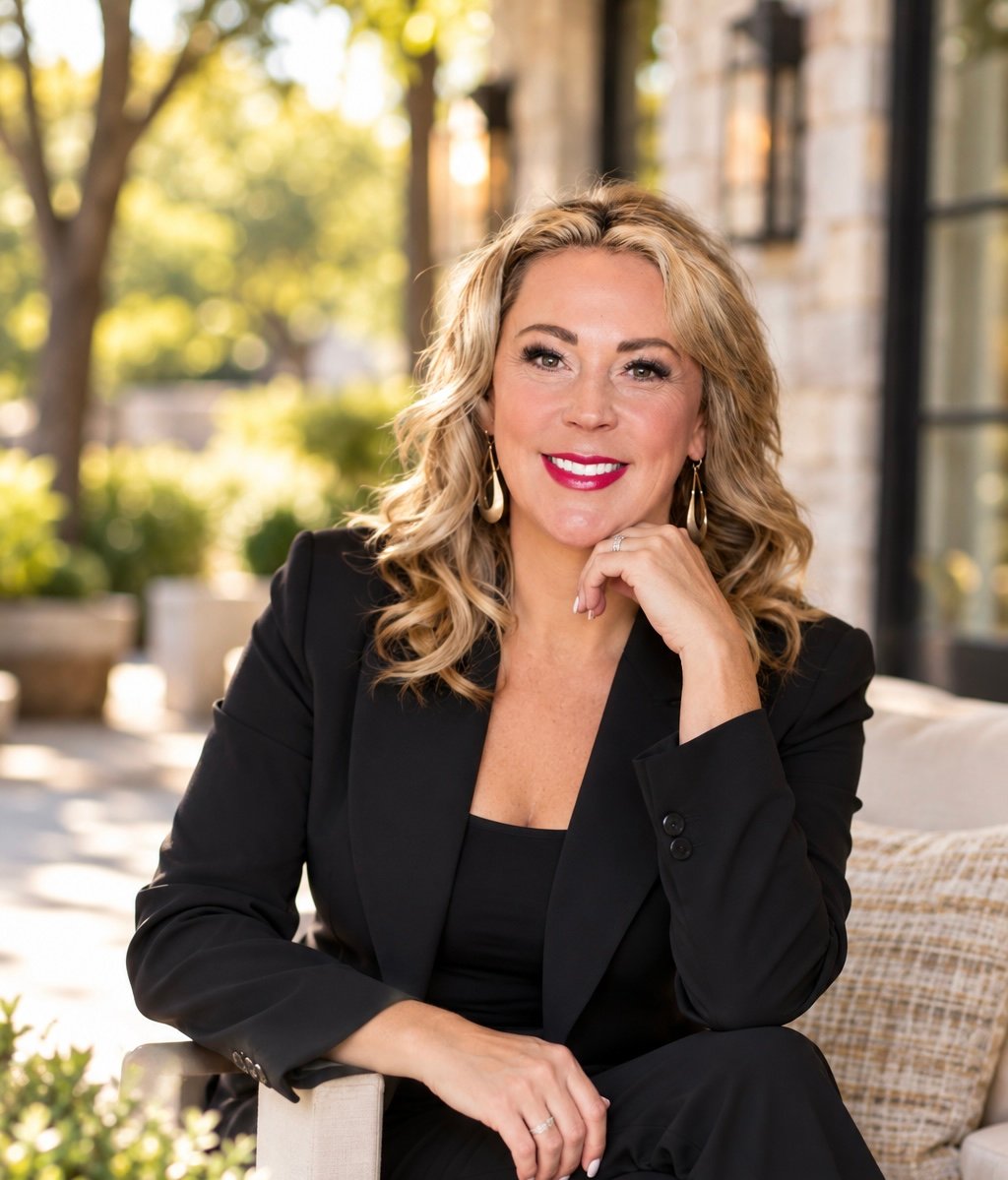 Jen Moran seated outdoors in a black suit, smiling with her chin resting on one hand.