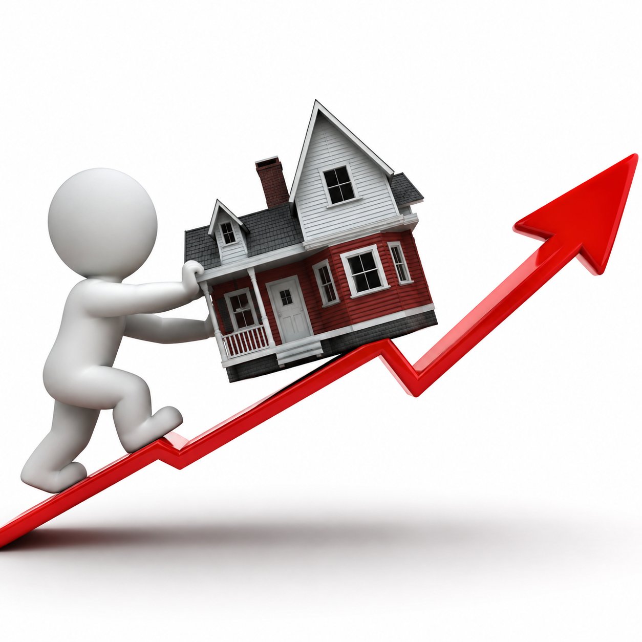 A figure pushes a house up a rising red arrow.