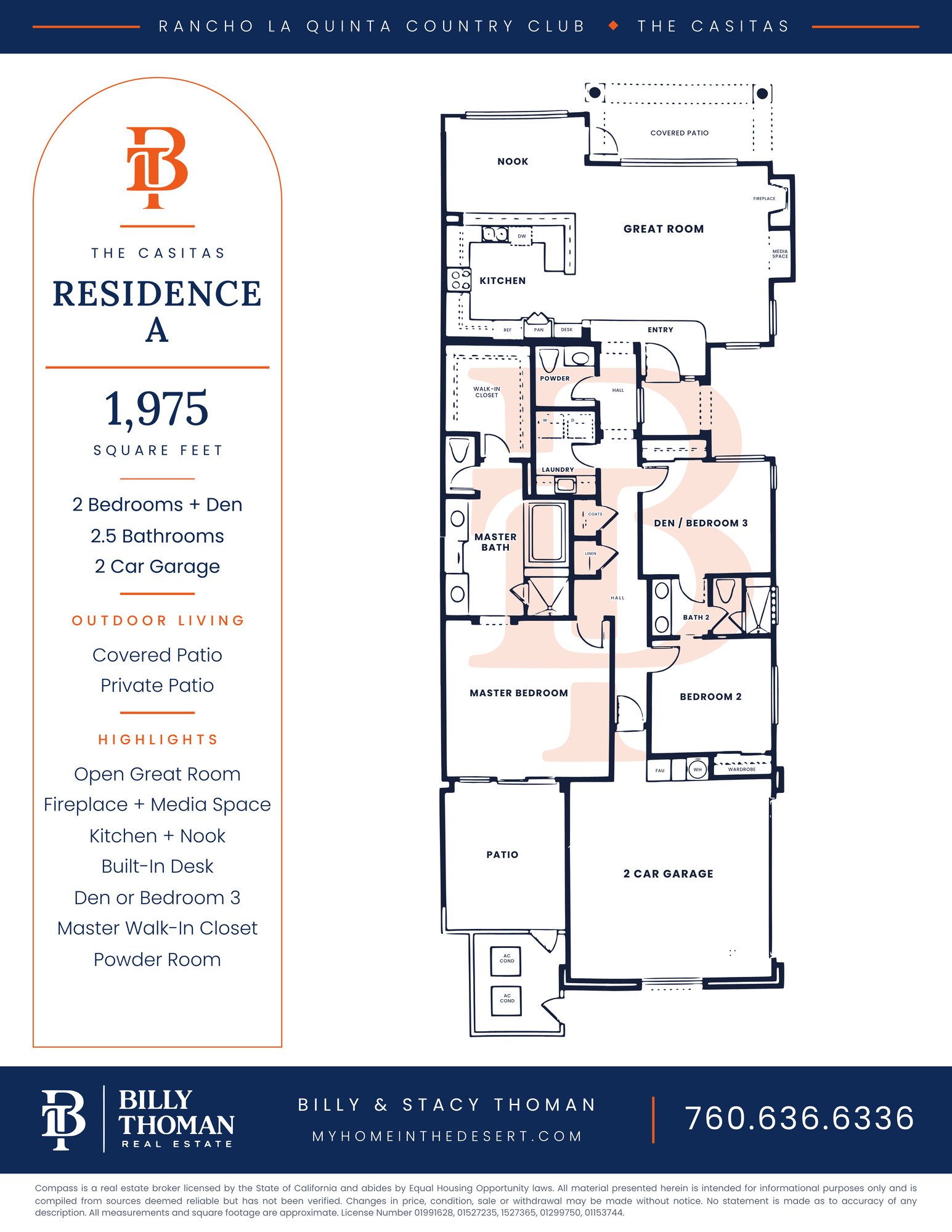 Rancho La Quinta Country Club Casitas Residence A floor plan, 2 bedroom plus den 2.5 bath 1,975 sq ft single story home with two patios