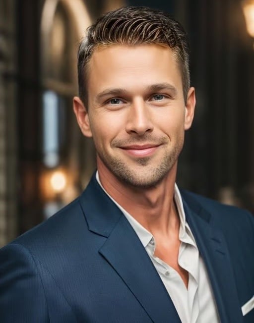 Smiling man in a navy suit jacket and open-collar white shirt.