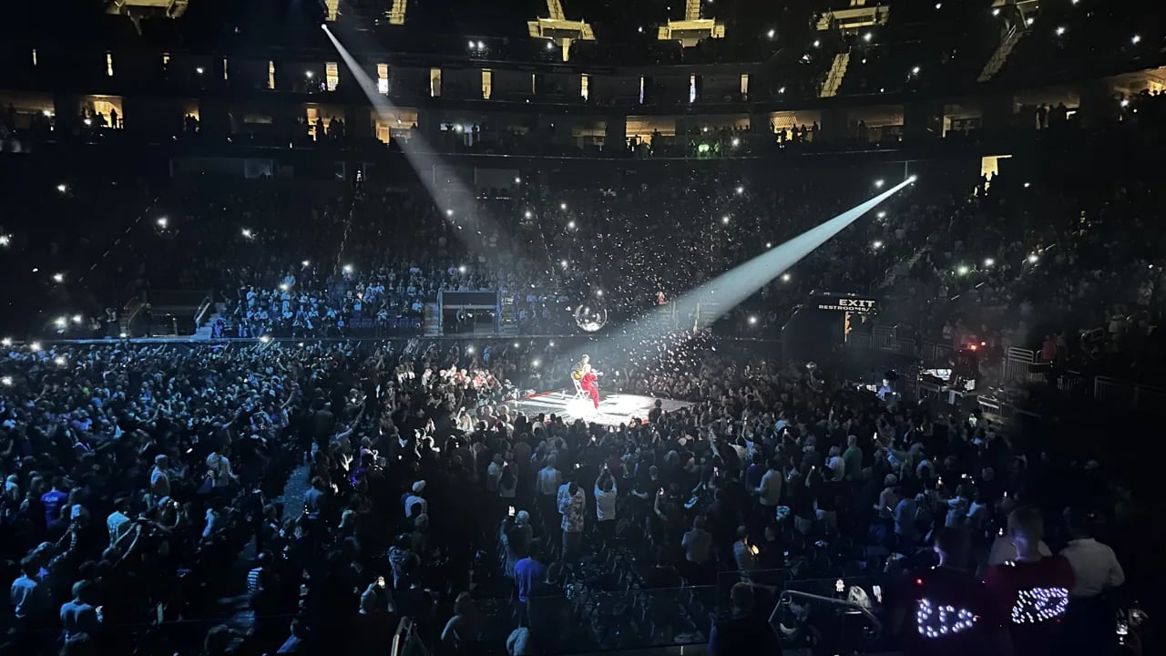 Concert setup at Chase Center showing the stage configuration and packed audience during a major musical performance