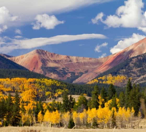 Golden aspens and evergreen forest beneath reddish mountain peaks and a partly cloudy sky.
