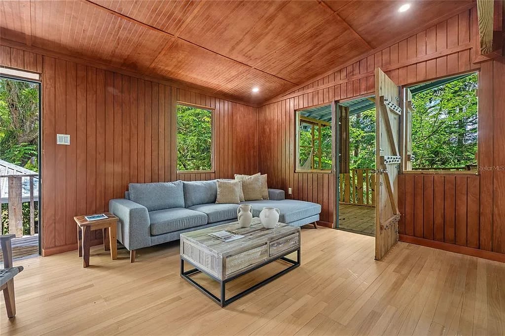 Cozy wooden living room with sofa