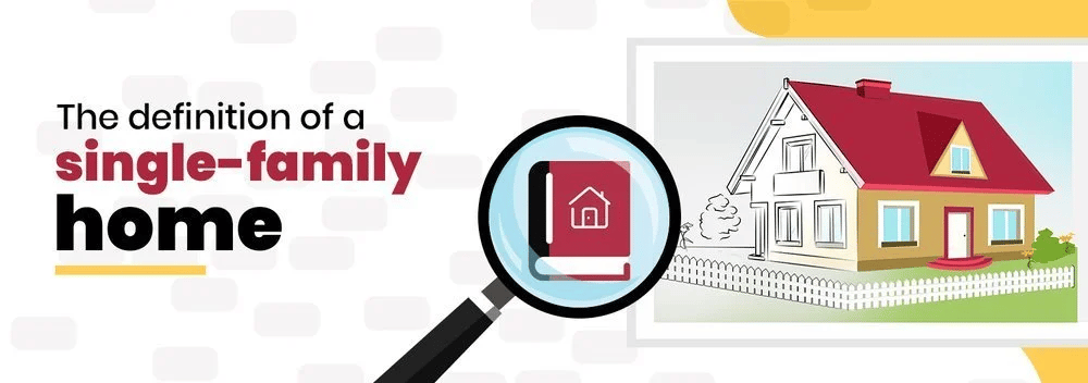 Illustration defining a single-family home, with a magnifying glass and a detached house with a red roof.