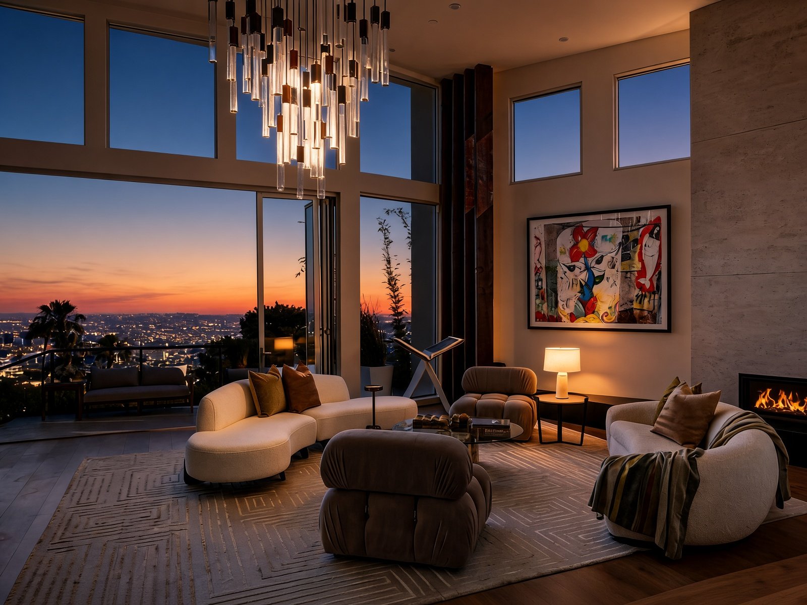 Great room with walls of glass at 9270 Kinglet Dr in the Hollywood Hills