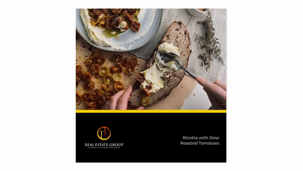 Animated preview of whipped ricotta being spread on rustic toast with slow-roasted cherry tomatoes, styled for holiday or brunch gatherings.