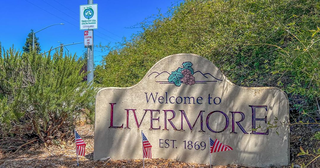 Welcome to Livermore California entry sign with municipal Tree City USA signage, photo courtesy of Independent News