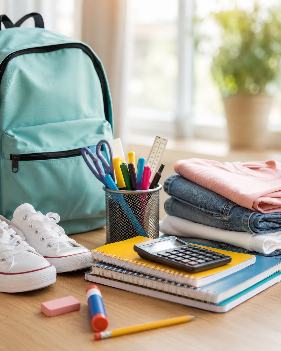 Realistic flat lay of school supplies, clothing, and a laptop-ready study setup representing Florida's tax-free shopping event for back-to-school savings in 2026.