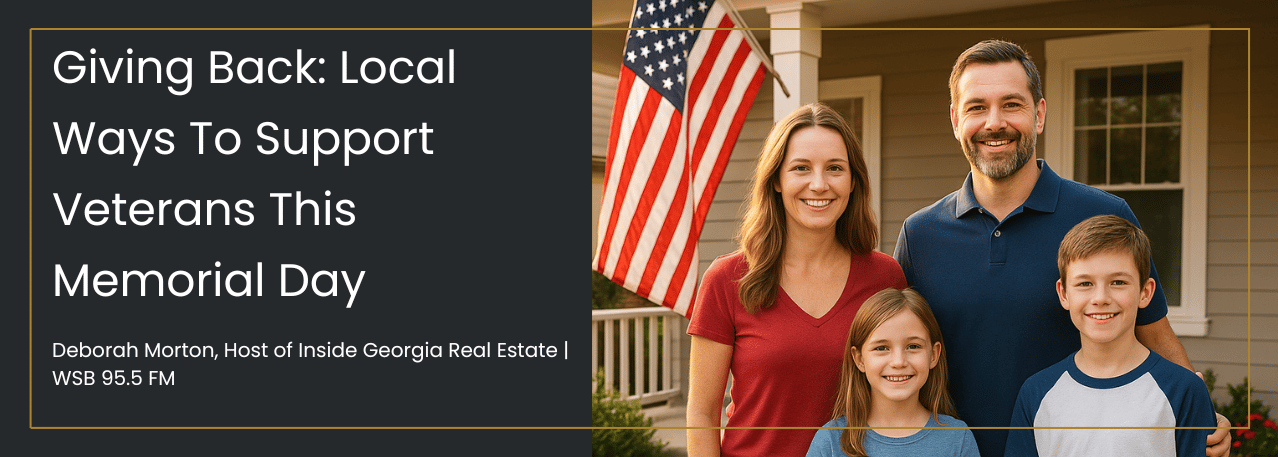 Family of four stands proudly in front of their home with American flags, honoring veterans and celebrating Memorial Day.