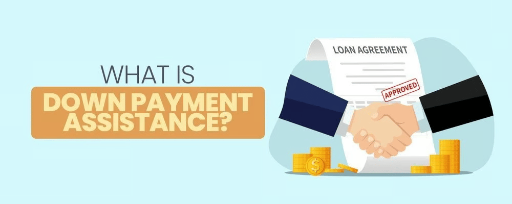 Graphic explaining down payment assistance with an approved loan agreement and handshake.