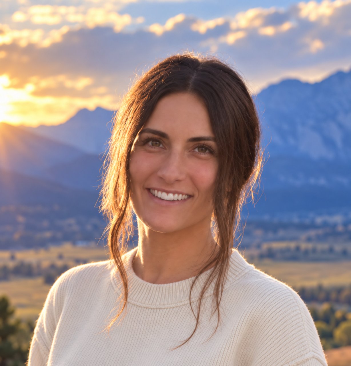 Bree Gould smiling in a white sweater with mountains behind her.
