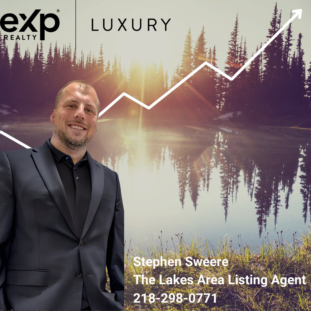 Stephen Sweere, The Lakes Area Listing Agent, 218-298-0771; eXp Realty Luxury branding and rising graph over a lakeside background.