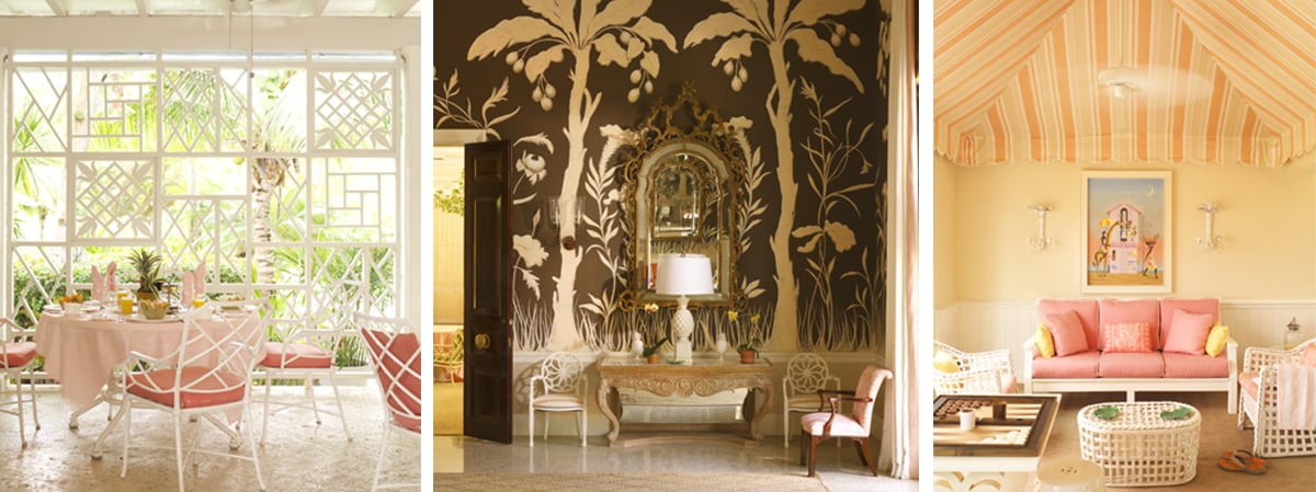 Luxury interiors with a lattice-window dining room, floral-mural foyer, and canopy sitting room.