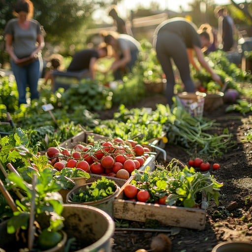 Freshly harvested tomatoes and greens in a vegetable garden as people tend the beds.
