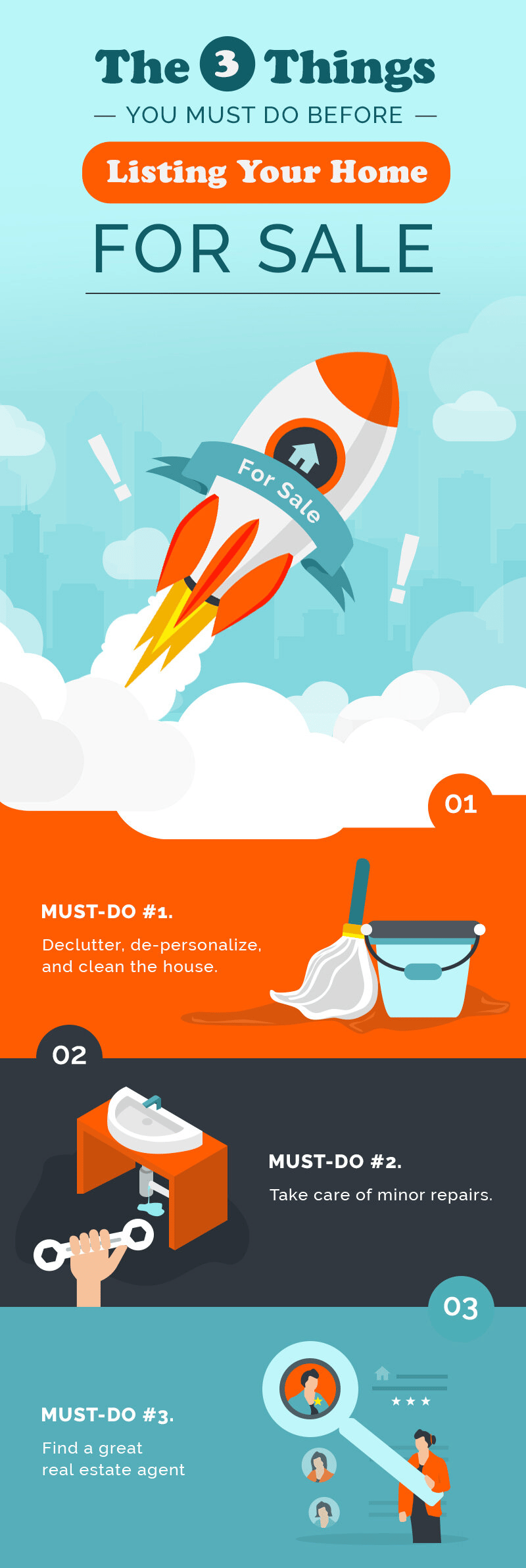 Infographic listing three tasks before selling a home: clean and declutter, make minor repairs, and find an agent.