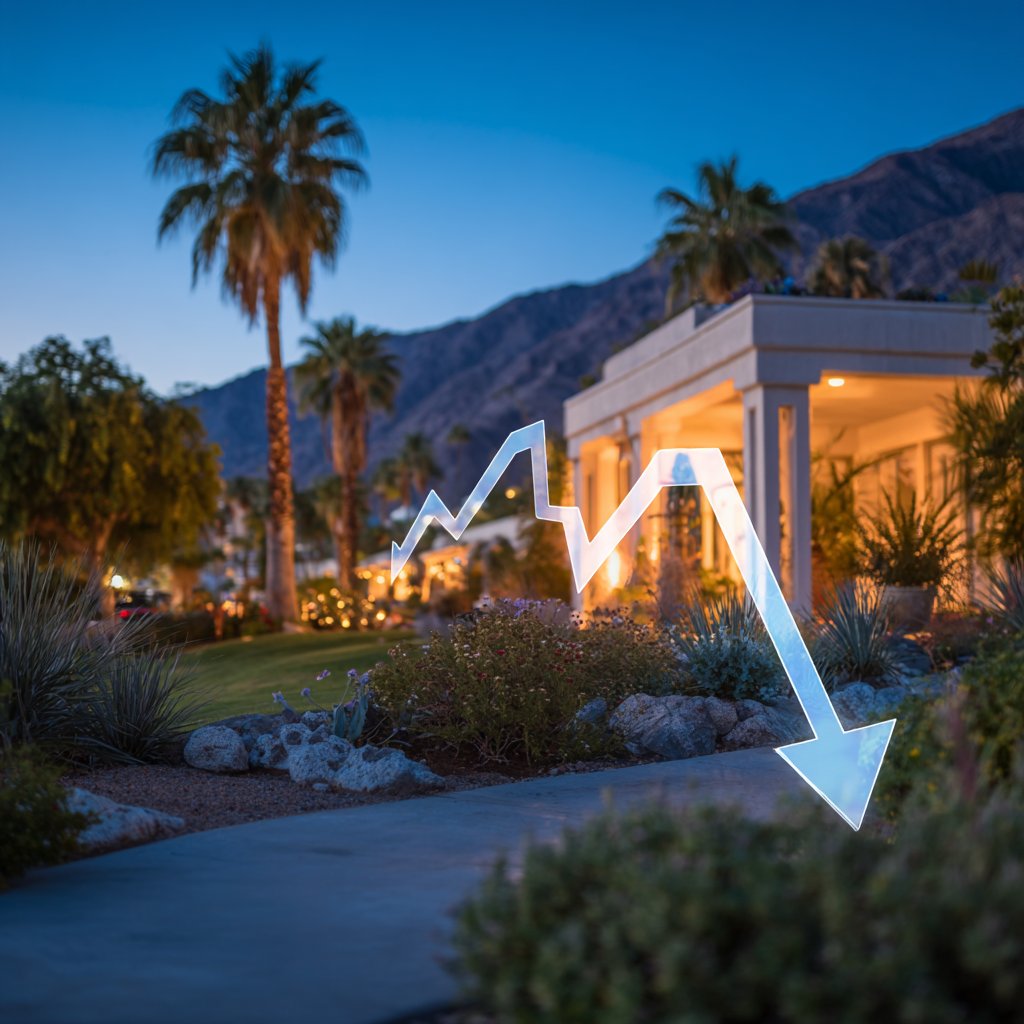 A descending zigzag arrow overlays a modern desert home, palms, and mountain backdrop at dusk.