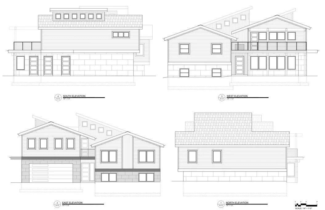 Architectural elevations of an ADU addition, showing all four sides of the building.