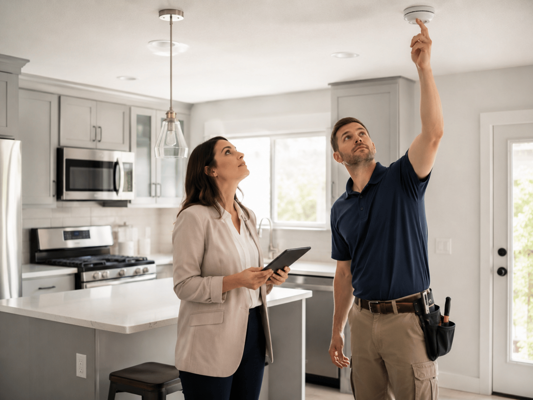 A man points at a smoke detector on the ceiling in a modern kitchen, while a woman with a tablet observes