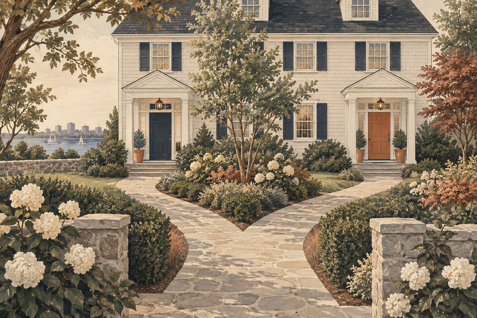 Illustration of a New England home and two paths, representing housing decisions and new beginnings.