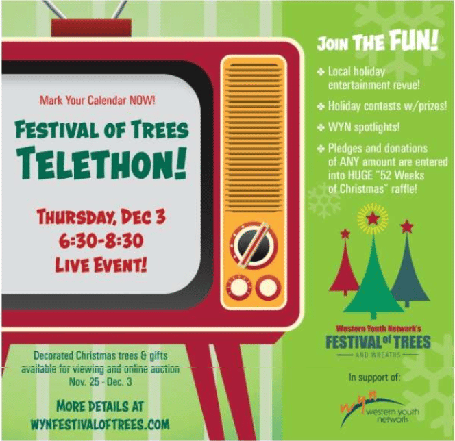 Festival of Trees telethon flyer with event details and illustrated Christmas trees.