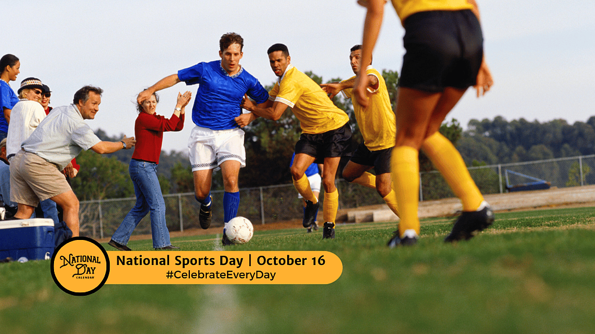 National Sports Day social graphic featuring a soccer game and an October 16 banner.