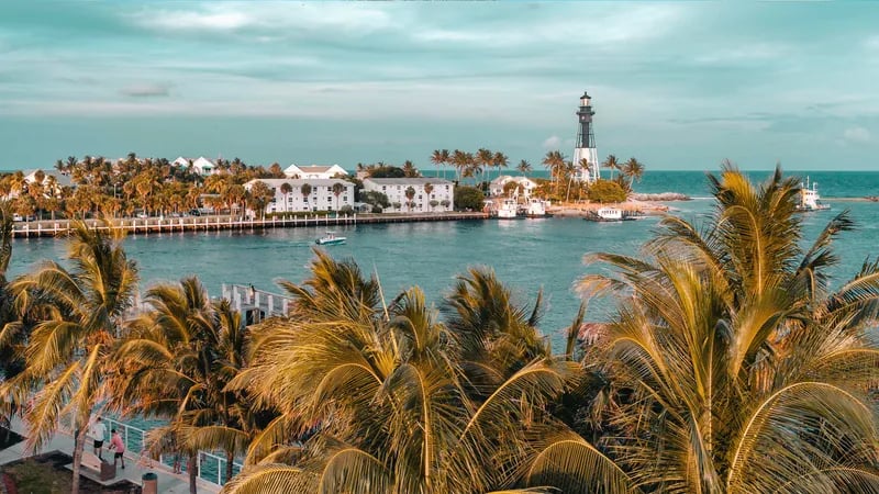 Palm trees with a view of the Hillsboro Inlet Lighthouse in Lighthouse Point, Florida.