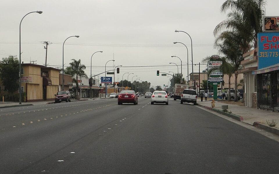 Commercial street and palms in neighboring Maywood, photographed in June 2014