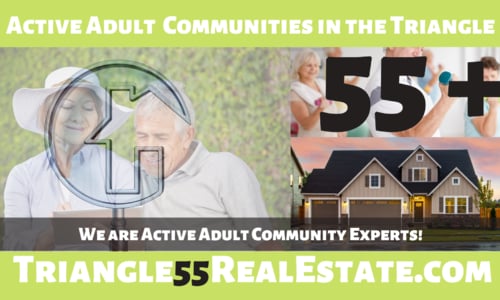Promotional graphic for Triangle 55+ Real Estate featuring older adults and a suburban home.