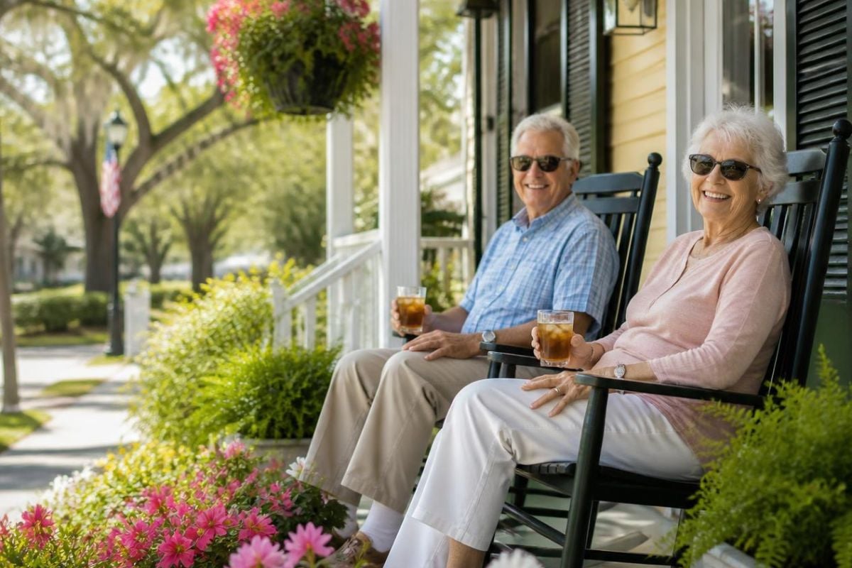 2 retirees sitting on a porch after finding the best places to retire in South Carolina