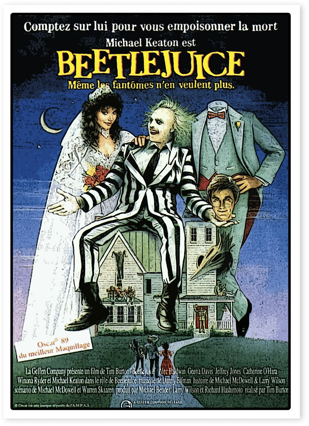 French-language Beetlejuice film poster featuring Michael Keaton and a model house.