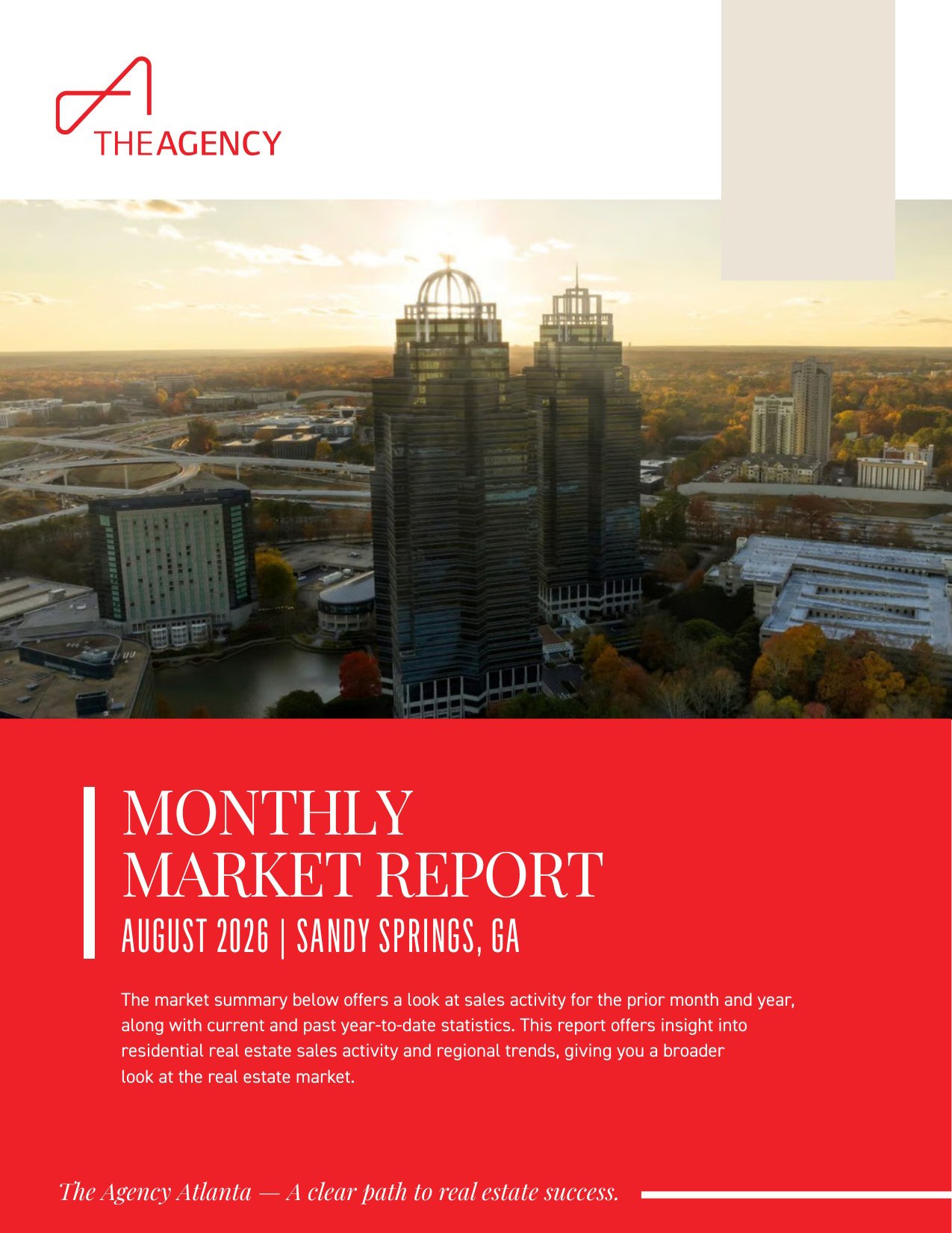 Monthly Market Report August 2026 cover for the Sandy Springs real estate market with twin office towers at sunset
