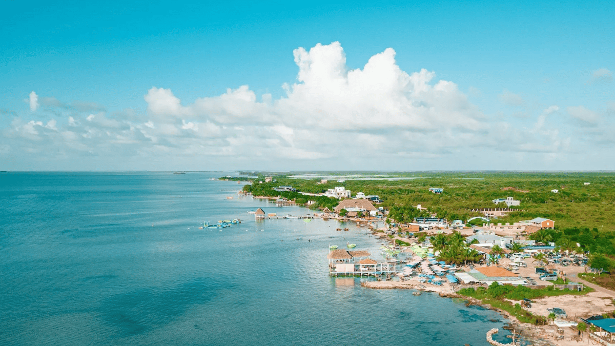 View of clear clam water, coastline and beach barsr