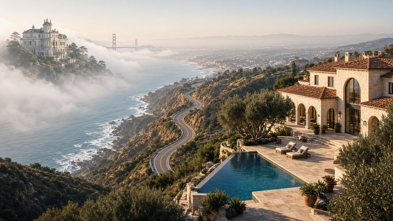 Coastal luxury home with a pool overlooking a winding shoreline road and the Golden Gate Bridge.