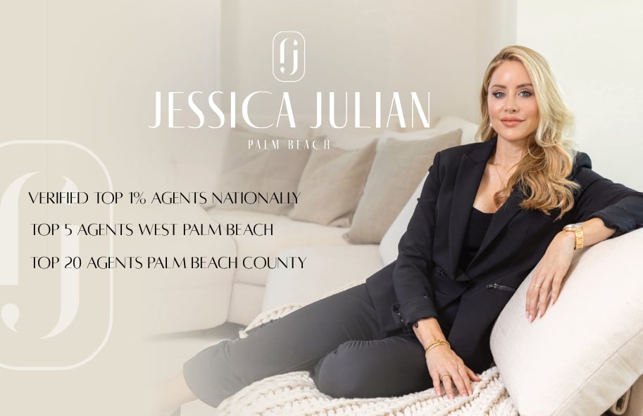 Jessica Julian seated on a sofa beside her Palm Beach real estate branding and agent rankings.