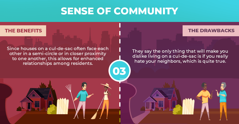 Infographic compares cul-de-sac community benefits with the drawback of disliking your neighbors.