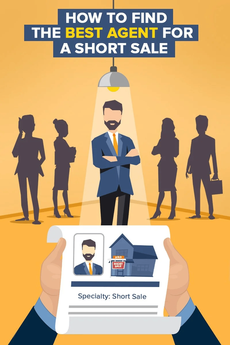 Illustration about finding a short-sale agent, with an agent under a spotlight and a profile sheet showing a house.