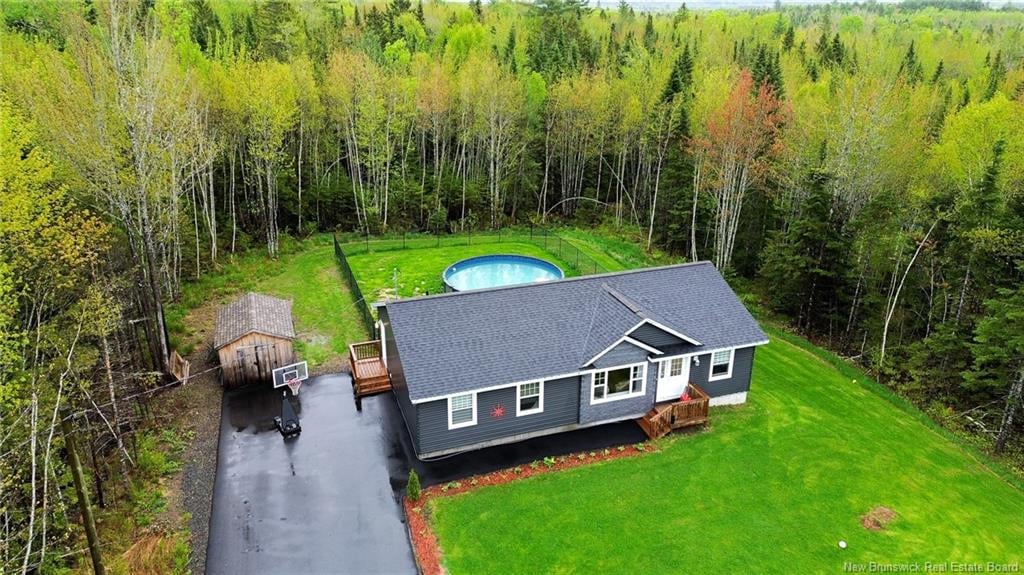Aerial view of a gray house with a backyard pool, paved driveway, and surrounding woodland.
