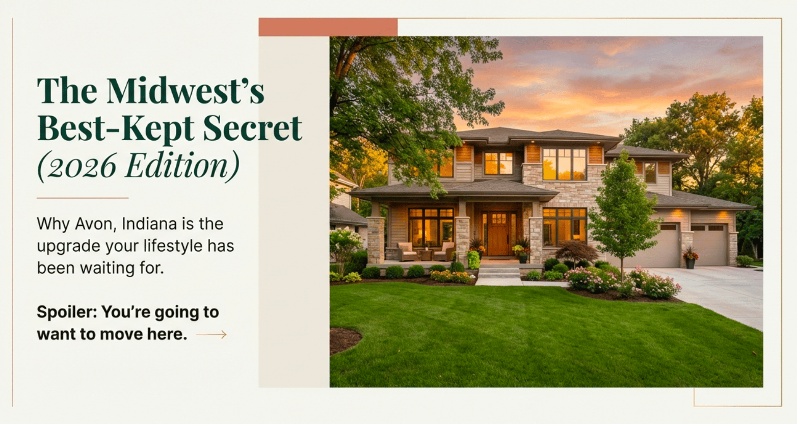 Stunning modern family home in Avon Indiana at sunset with spacious yard, stone accents, and beautiful landscaping &ndash; perfect example of affordable homes in Avon Indiana with top schools for families moving in 2026