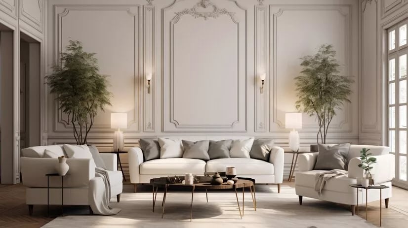 Luxury neutral living room with cream sofa, armchairs, classic wall paneling, and soft natural light in an elegant editorial interior.