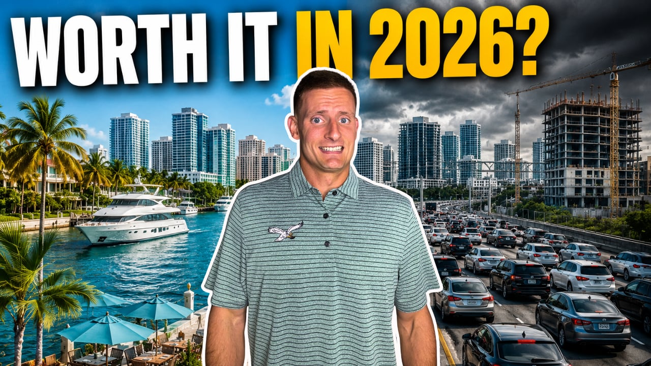 Fort Lauderdale living in 2026: a man between a sunny yacht-lined waterfront and stormy traffic.