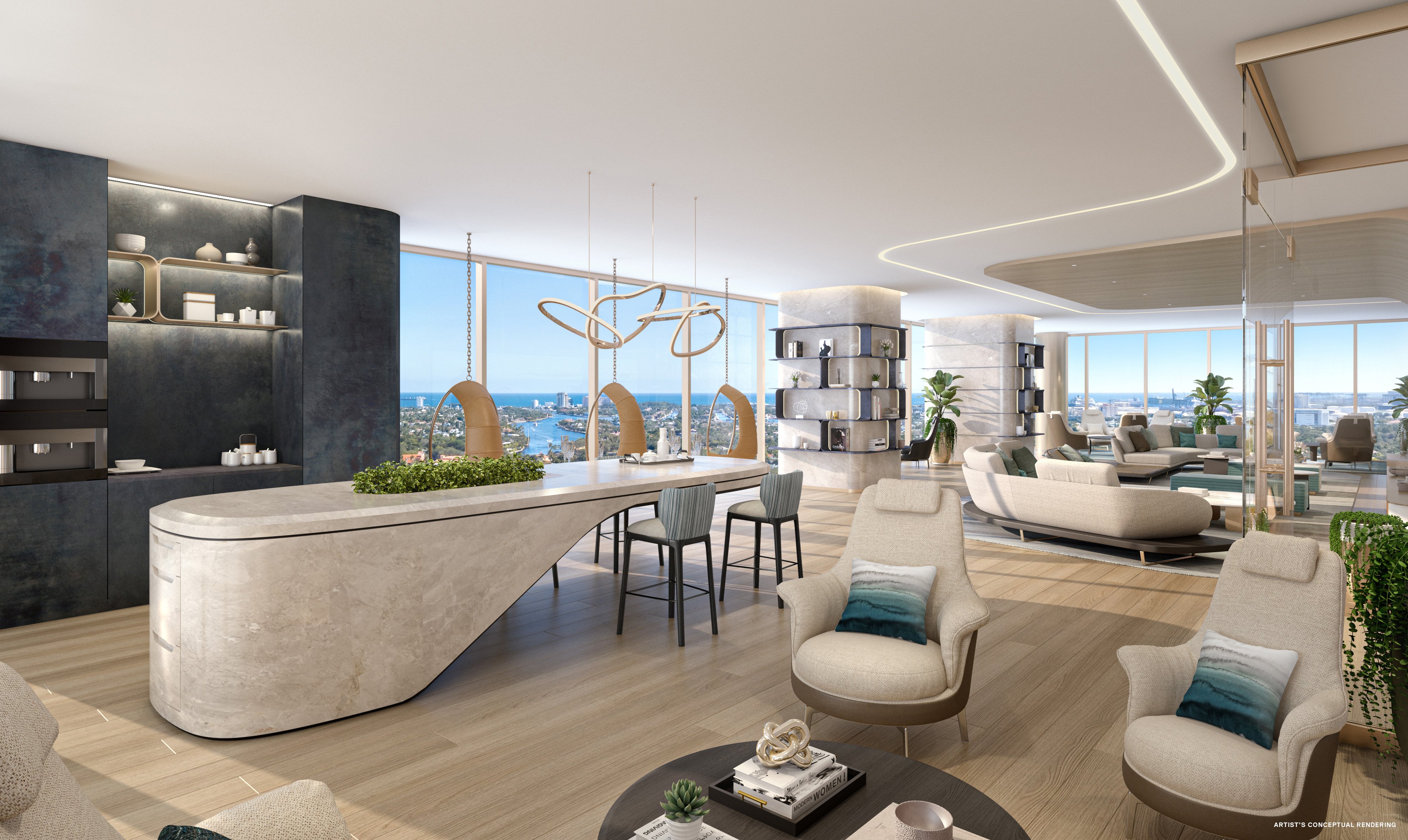 Rendering of an Andare open-plan kitchen and living area with a sculptural stone island and water and city views