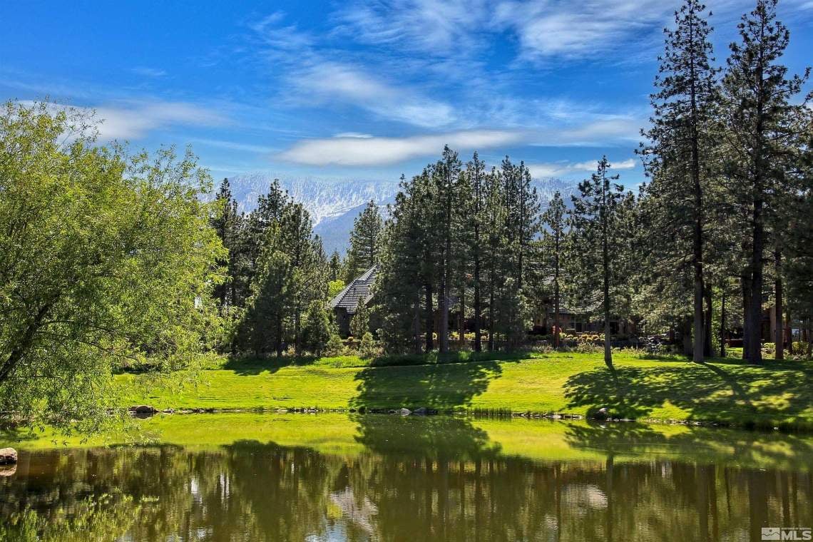 Wooded property beside a reflective pond, with a green lawn and distant snow-dusted mountains.