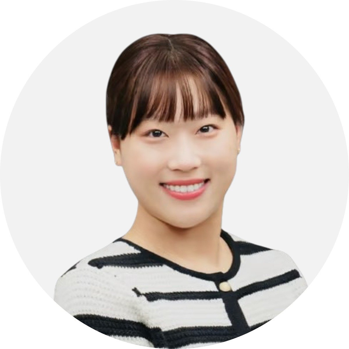 Boram Jeon smiling in a black-and-white striped top.